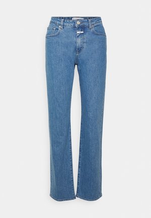 Světle modré džíny z denimu se střídmým střihem, obsahující pět kapes, zapínání na knoflík a obvyklé švy.