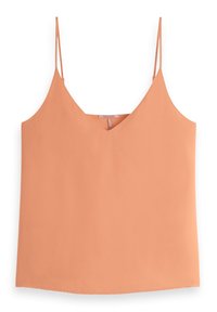 Perzikkleurige cami met dunne verstelbare bandjes, v-halslijn en een gladde, lichte stof. Eenvoudige, rechte zoom.