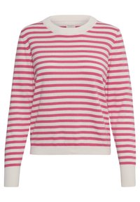 Lyserød og hvid stribet sweater, strikket materiale, rund halsudskæring, lange ærmer, ribbet kant og manchetter, afslappet pasform, ensartet mønster.