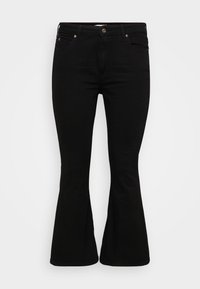 Jeans évasés noirs en mélange de coton extensible, dotés d'un design classique à cinq poches et d'accents en métal doré à l'avant.