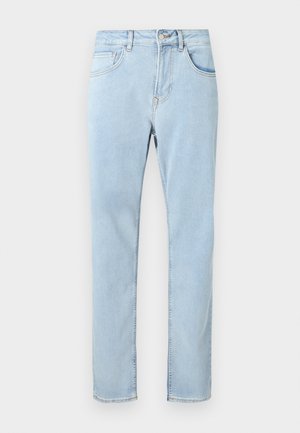 Lys blå slankpassede denimjeans med fremre lommer, beltehemper, knappelukking og subtile sømdetaljer.