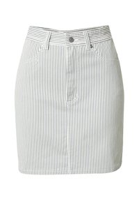 Gestreepte denim rok met verticale witte en marineblauwe patronen, vijf zakken en knoopsluiting aan de voorkant. Klassieke pasvorm met een rechte silhouet.