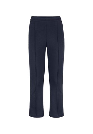 Marineblauwe nauwsluitende broek met zichtbare voornaad en een rechte pijp, weergegeven op een witte achtergrond.