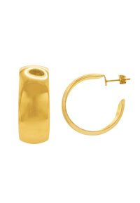 Goldene Creolen mit hochglanzpolierter Oberfläche. Eine hat eine abgerundete rechteckige Form; die andere ist im klassischen kreisförmigen Design mit einem Stecker.