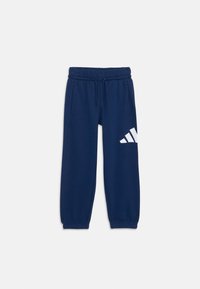 Navy blue sweatpants made of soft fabric, featuring an elastic waistband with drawstrings and white logo accents on the left thigh.