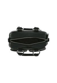 Sac en cuir noir avec des compartiments à double fermeture éclair, forme plate, poignées robustes et accents en métal argenté. Fini texturé.