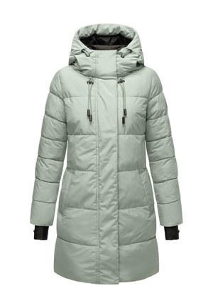 Jasnozielona kurtka puchowa z kapturem, z zamkiem błyskawicznym z przodu, sznurkami, kieszeniami bocznymi i lekko wydłużonym krojem. Gładka tekstura.