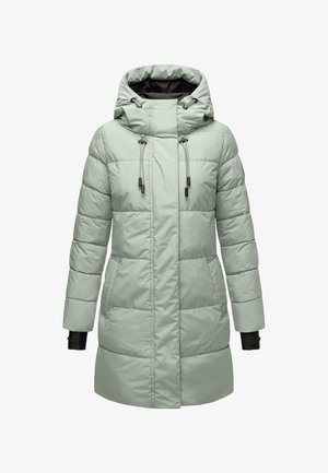 Jasnozielona kurtka puchowa z kapturem, z zamkiem błyskawicznym z przodu, sznurkami, kieszeniami bocznymi i lekko wydłużonym krojem. Gładka tekstura.