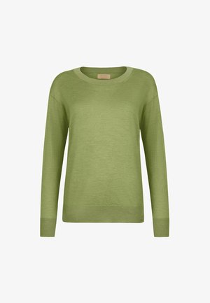 Lysegrøn langærmet strikket sweater med ribstrikkede ærmekanter, kant og rund hals på hvid baggrund.