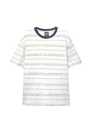 White short-sleeve t-shirt with navy trim, featuring black hand-drawn horizontal lines and a relaxed fit. Soft, cotton material.