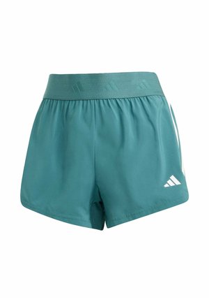 Shorts de sport teal avec une taille élastique, ornés d'un motif en relief, de accents blancs sur les côtés, et d'un petit logo blanc sur l'ourlet.