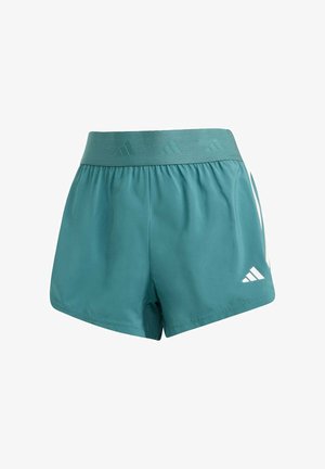 Türkise sportliche Shorts mit elastischem Bund, versehen mit einem geprägten Design, seitlichen weißen Akzenten und einem kleinen weißen Logo am Saum.