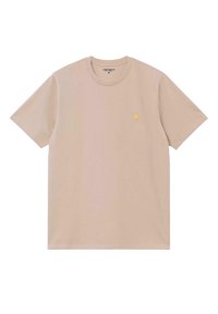 Camiseta de algodón beige de manga corta y cuello redondo. Presenta un pequeño logotipo amarillo en la parte izquierda del pecho. Textura suave.