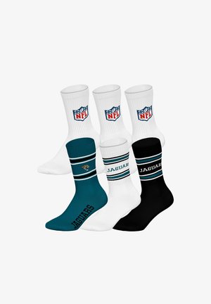 Sechs NFL-Themen Crew-Socken, drei weiße mit NFL-Schild, drei Jaguars mit Teamfarben und Logos in Türkis, Weiß und Schwarz.