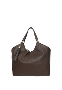 Sac fourre-tout en cuir marron avec une surface textur�ée, de longues poignées et un gland décoratif. Présente des détails en relief sur un côté.