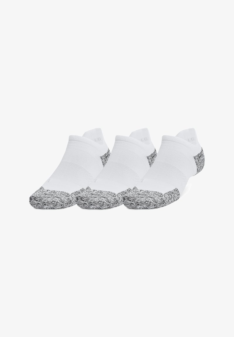 Chaussettes de cheville blanches avec une section des orteils texturée en noir et gris. Présentent un ajustement serré et une bande supérieure côtelée pour plus de confort. Paquet de trois.