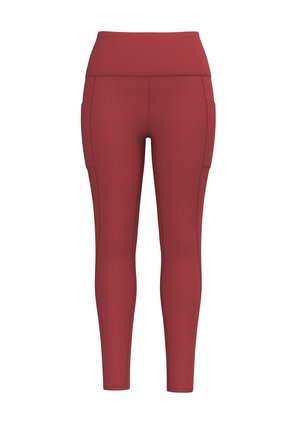 High-waisted, form-fitting leggings in a rich maroon color. Made from smooth, stretchy material with side pockets and flat seams.