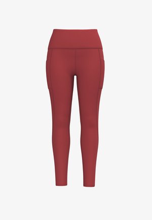 High-waisted, form-fitting leggings in a rich maroon color. Made from smooth, stretchy material with side pockets and flat seams.