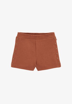 Pantaloni scurți de culoare ruginită, realizați dintr-un material moale, cu un tiv elastic, capse pe lateral și un croi simplu, drept.