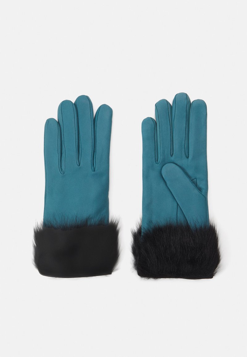 Teal leather gloves with a black fur cuff. Gloves have five finger design and smooth texture, showcasing clean lines and contrasting materials.