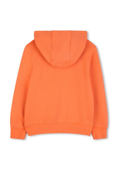 Sweat à capuche orange en tissu doux et texturé, manches longues, avec capuche ajustable par cordon et bord-côtes aux poignets et à l'ourlet.