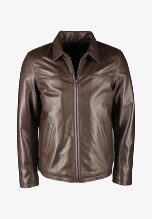 Ruskea nahkatakki, jossa on vetoketjukiinnitys, terävä kaulus, kaksi sivutaskua ja kiinteä rakenne. Ominaisuuksiin kuuluu tyylikäs, muotonsa pitänyt design.