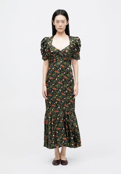 Floral maxi dress with puff sleeves, black base, vibrant red and green patterns, fitted bodice, flared hemline, and soft fabric texture.