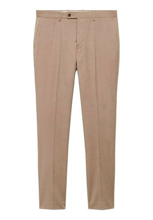 Beige maßgeschneiderte Hose mit glatter Textur, ausgestattet mit einem Knopfverschluss und Bundfalten. Gerades Bein, keine sichtbaren Muster.