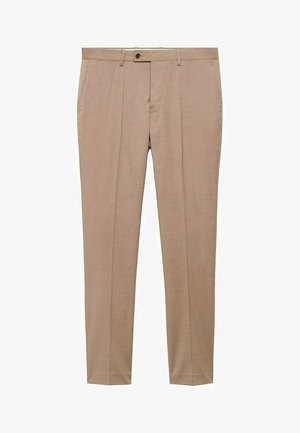 Béžové kalhoty na míru s hladkou texturou, s jedním knoflíkem a předními záhyby. Rovný střih, bez viditelných vzorů.