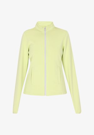 Giacca zip-up gialla chiara realizzata in tessuto elasticizzato, dotata di un alto colletto, due tasche frontali e maniche lunghe con polsini aderenti.