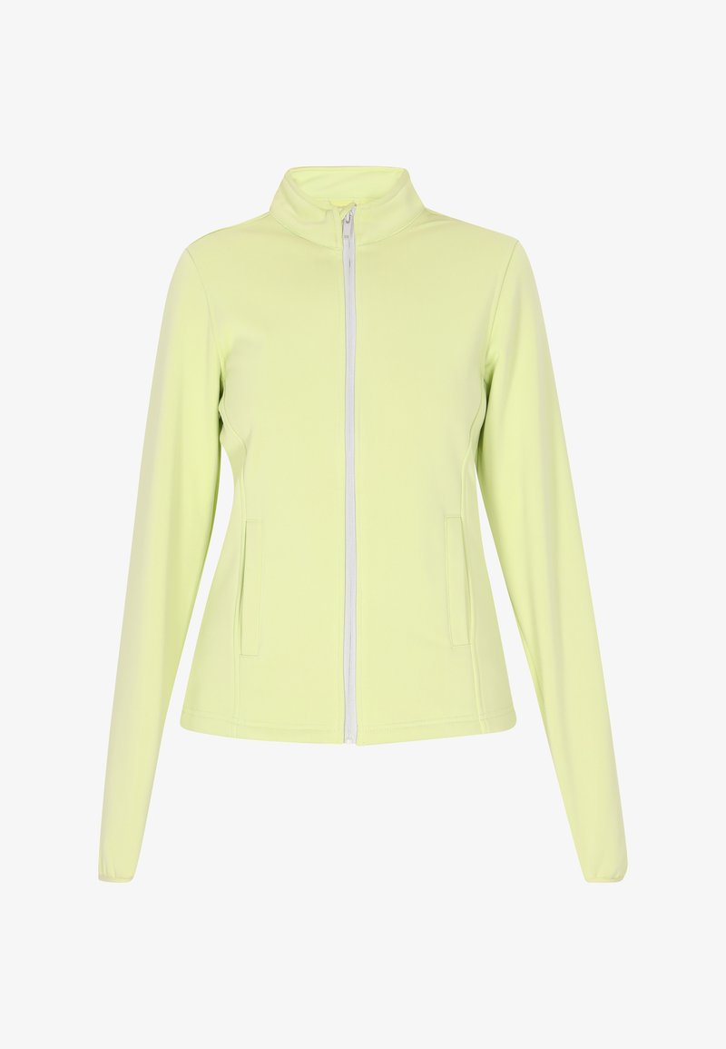 Helle gelbe Zip-Jacke aus Stretchstoff, mit hohem Kragen, zwei Fronttaschen und langen Ärmeln mit eng anliegenden Bündchen.