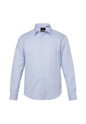 Jasnoniebieska koszula z długim rękawem, wykonana z materiału o subtelnym wzorze w kratkę, z klasycznym kołnierzykiem i zapięciem na guziki z przodu.