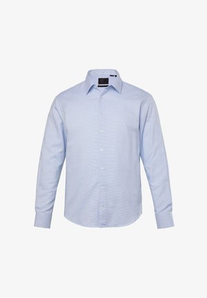 Hellblaues Langarmhemd aus einem Stoff mit dezentem Karomuster, ausgestattet mit einem klassischen Kragen und einer Knopfleiste vorne.