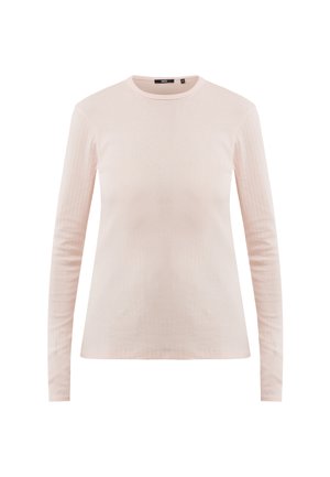 Camisa de manga larga de color rosa claro con un cuello redondo, tamaño mediano, exhibida sobre un fondo blanco.