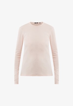 Svetle růžové žebrované tričko s dlouhým rukávem a kulatým výstřihem, velikost střední, vystavené na bílém pozadí.