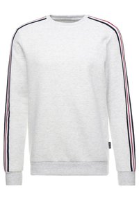 Light gray sweatshirt made of cotton blend. Features long sleeves with navy, red, and white striped accents along the shoulders and cuffs.