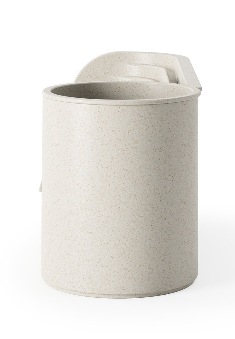 Runder Abfalleimer aus hellgrauem, gesprenkeltem Material, mit einem geschwungenen Griff auf einer Seite und einer glatten Oberfläche.