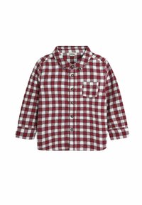 Camicia a maniche lunghe a scacchi rossi e bianchi, realizzata in tessuto flanella, con colletto all'italiana e taschino sul lato sinistro.