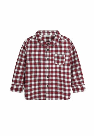 Langärmliges Hemd im rot-weißen karierten Muster, aus Flanellstoff gefertigt, mit einem Button-Down-Kragen und einer Brusttasche auf der linken Seite.