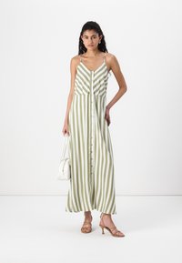 Vestido maxi em verde e branco com riscas verticais, com botões na frente, alças finas e um corpete franzido. Usado com sandálias de salto castanhas.