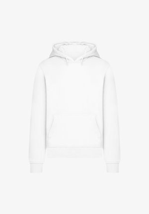White hooded sweatshirt with a kangaroo pocket, drawstring hood, ribbed cuffs, and hem. Made of soft, textured material.