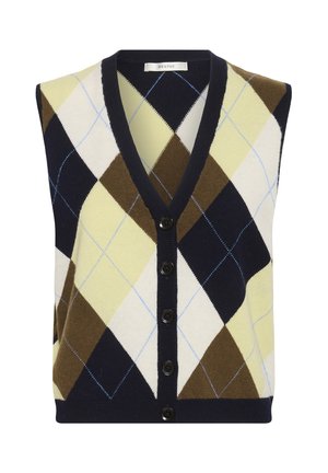 Bezrukávový kardigán s výstrihom do V, zdobený kockovaným vzorom v námorníckej modrej, žltej, svetlozelené a hnedej farbe. Pät čiernych gombíkov na prednej strane.