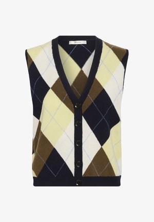 Ärmellose Strickjacke mit V-Ausschnitt, versehen mit einem Rautenmuster in Marineblau, Gelb, Hellgrün und Braun. Fünf schwarze Knöpfe vorne.