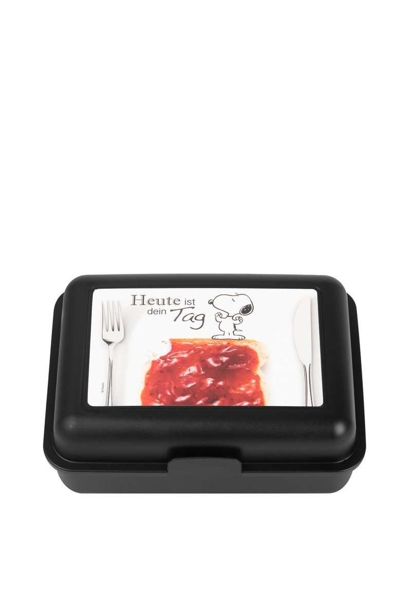 Lunch box rettangolare nera con un design di un panino con una crema rossa, forchetta e coltello, con il testo "Oggi è il tuo giorno" sopra.