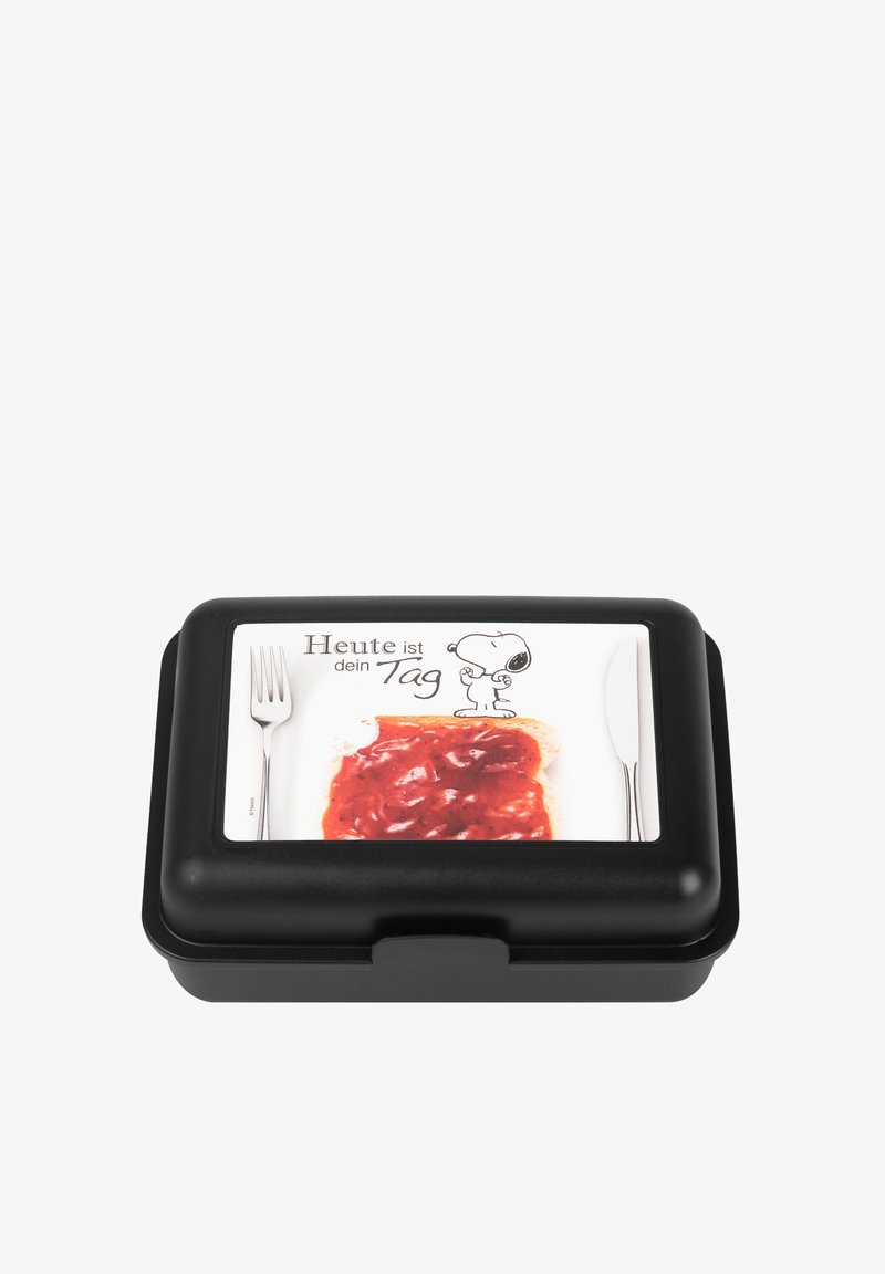 Lunch box rettangolare nera con un design di un panino con una crema rossa, forchetta e coltello, con il testo "Oggi è il tuo giorno" sopra.