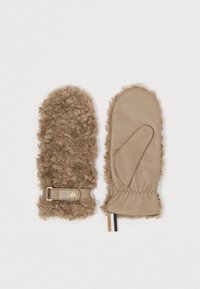 Pranud kindad, millel on karvane, tekstureeritud välimine materjal ja sile nahkne peopesa, kaunistatud rihmaga ja logodetailiga.