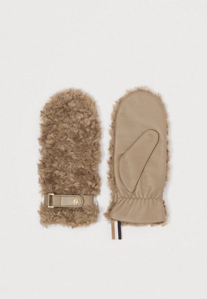 Brune vanter med en fuzzy, tekstureret yderside og en glat læderhåndflade, pyntet med en rem og logo-detalje.