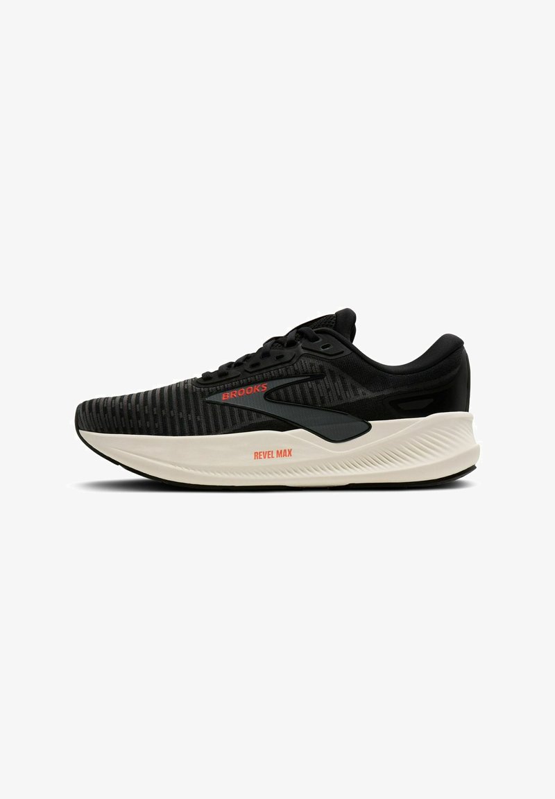 Black and gray Brooks Revel Max running shoe with white cushioned sole and red branding on side and midsole, shown in side profile.