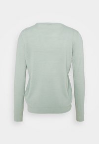 Pull en maille texturée vert clair avec manches longues et poignets côtelés, vu de dos sur un fond blanc.