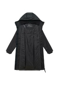 Black padded long coat with hood, elastic cuffs, and visible interior pocket, unzipped and laid flat.